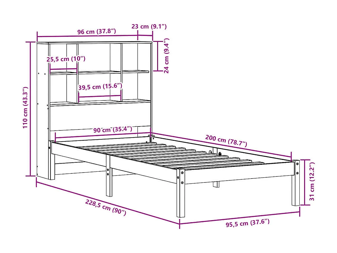 Letto Libreria senza Materasso Bianca 90x200 cm Legno di Pino