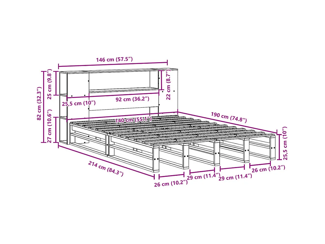 Lit bibliothèque sans matelas 140x190 cm bois massif