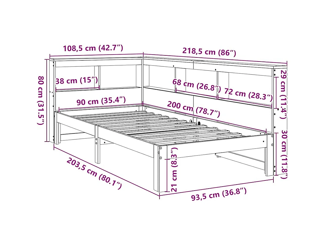 Lit bibliothèque sans matelas blanc 90x200cm bois de pin massif