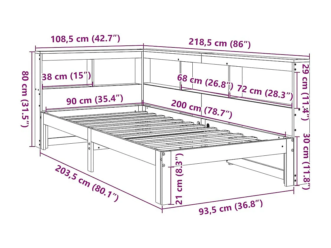 Lit bibliothèque sans matelas blanc 90x200cm bois de pin massif