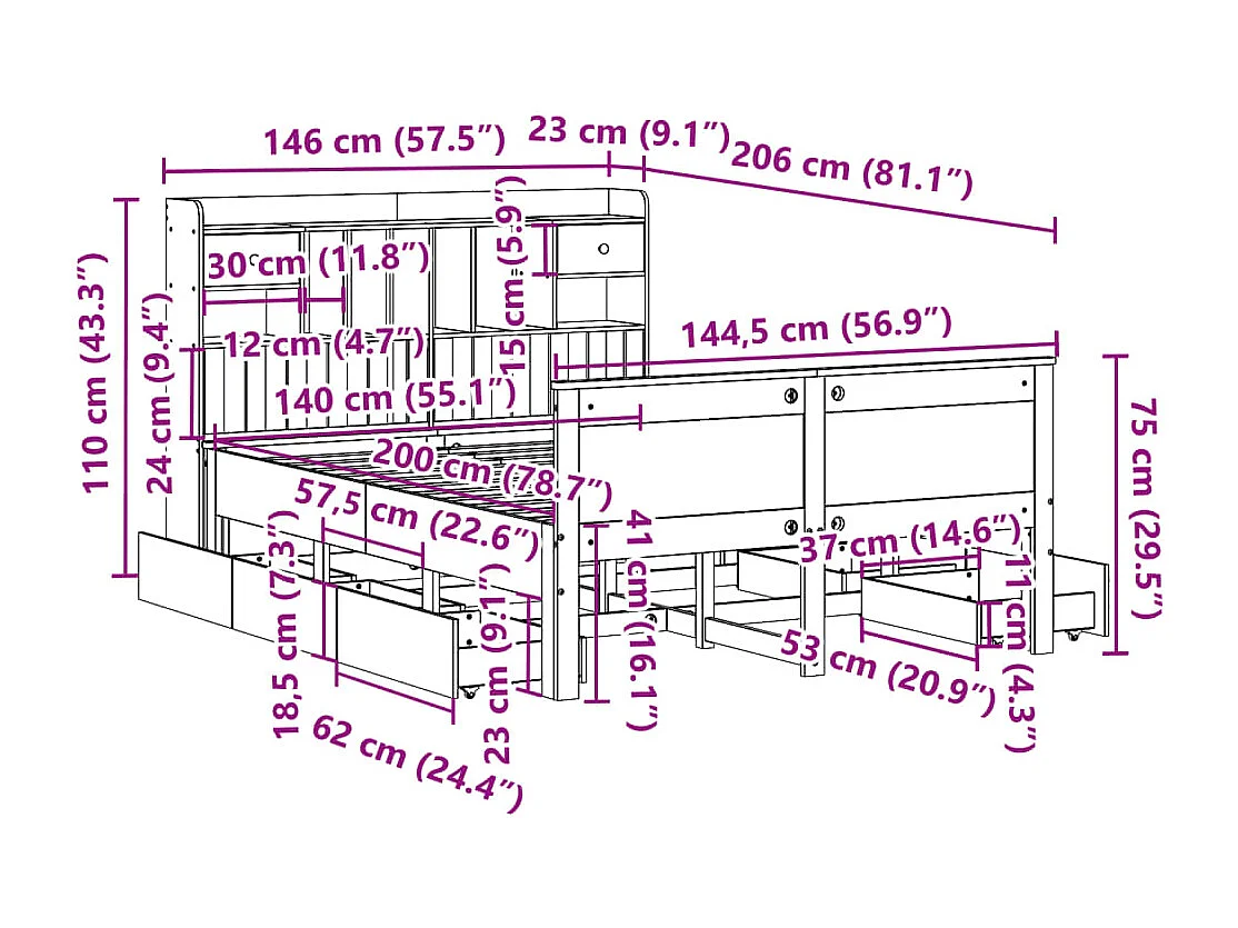 Cama con estantería sin colchón madera maciza de pino 140x200cm