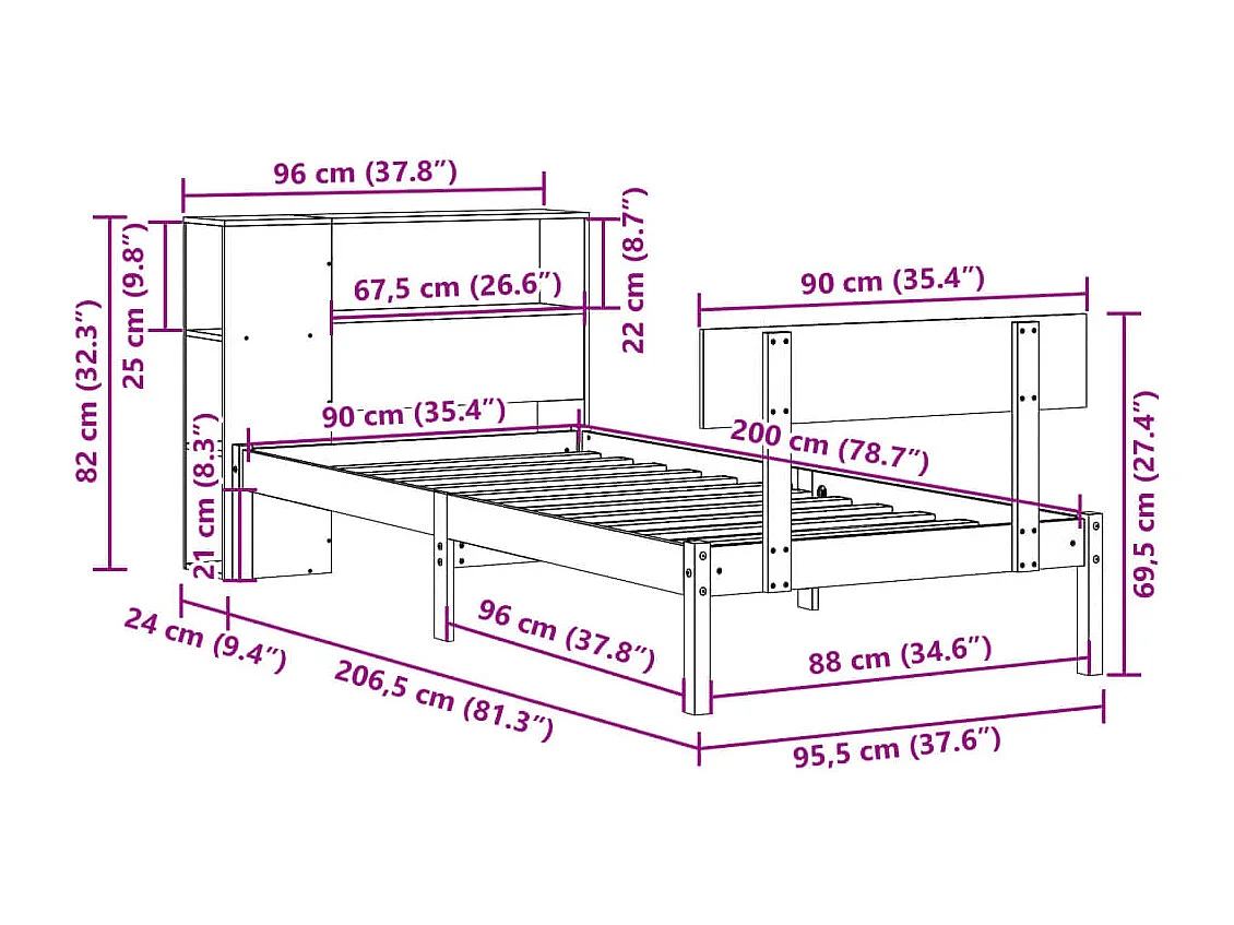 Massivholzbett mit Regal ohne Matratze Weiß 90x200 cm Kiefer