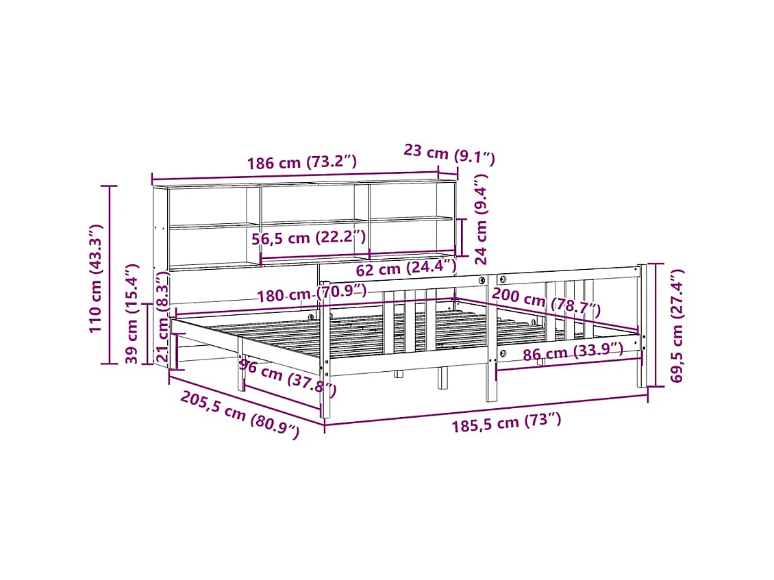 Lit bibliothèque sans matelas 180x200 cm bois massif de pin