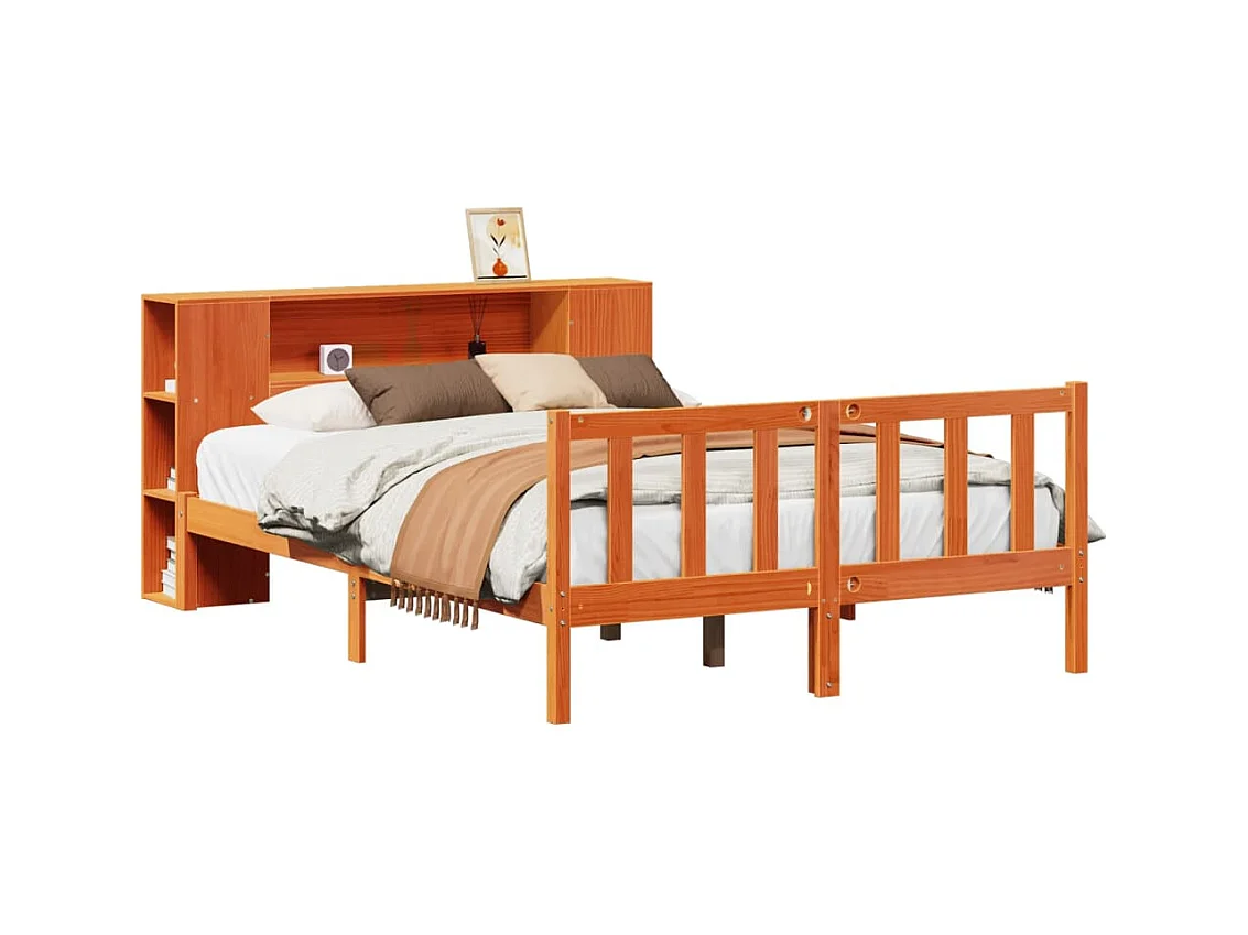 Massivholzbett mit Regal ohne Matratze Wachsbraun 135x190 cm