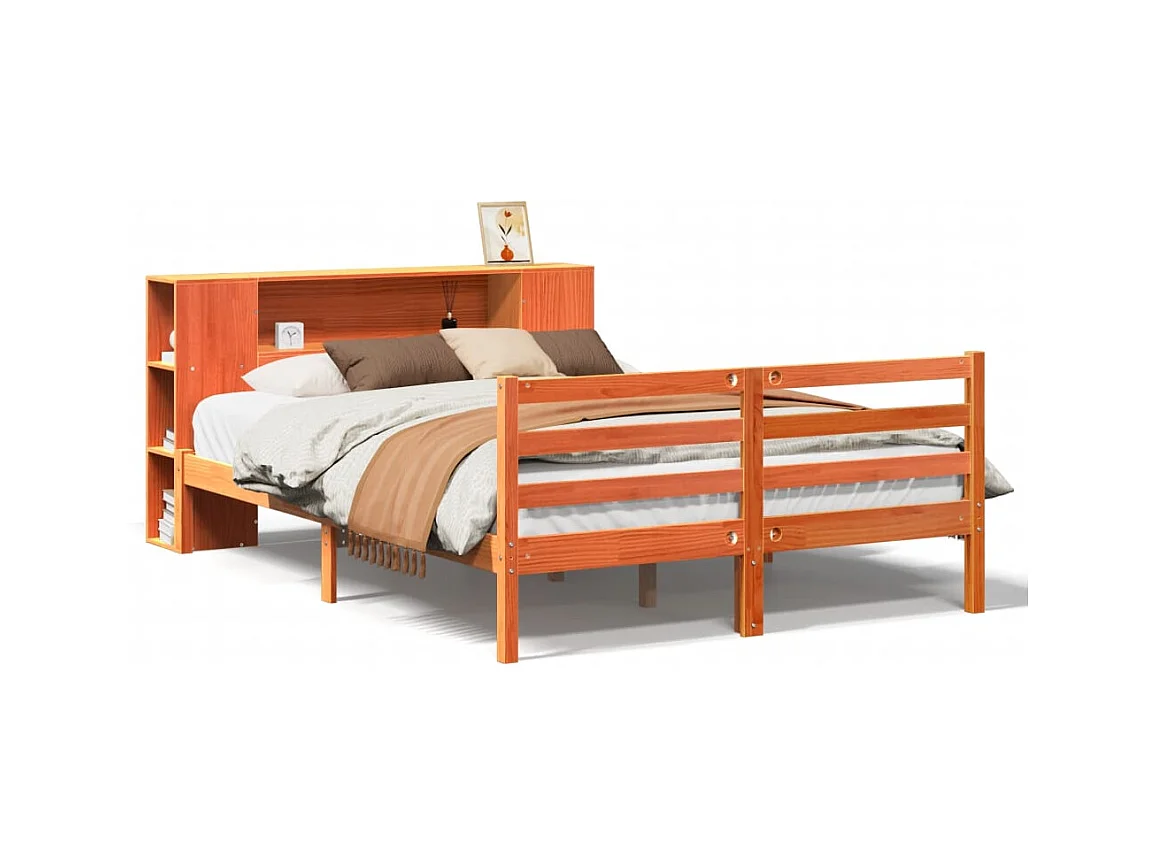 Massivholzbett mit Regal ohne Matratze Wachsbraun 135x190 cm