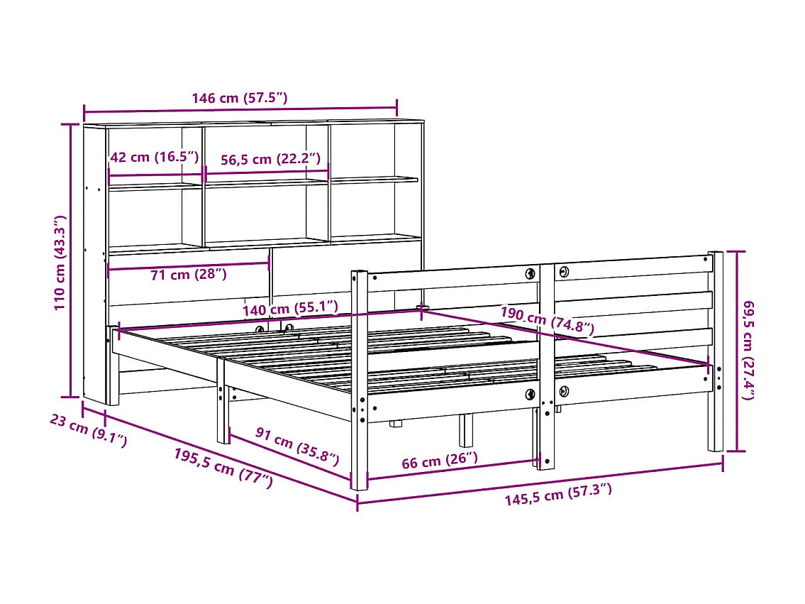 Bed met boekenkast zonder matras massief grenenhout 140x190 cm