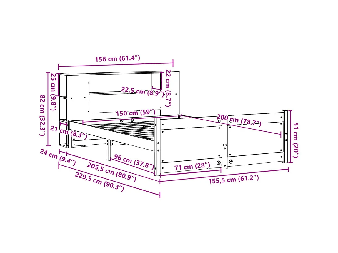 Bed met boekenkast zonder matras grenenhout wit 150x200 cm