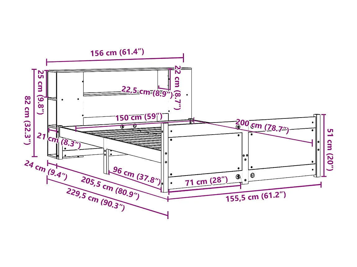 Letto Libreria senza Materasso Bianco 150x200 cm Legno di Pino