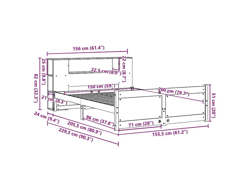 Lit bibliothèque sans matelas blanc 150x200 cm bois pin massif