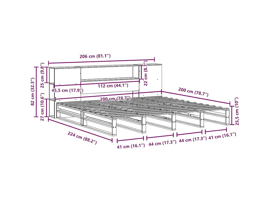 Letto Libreria senza Materasso 200x200 cm in Legno Massello