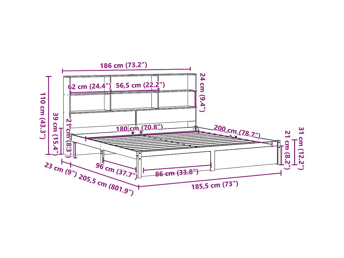 Lit bibliothèque sans matelas 180x200 cm bois massif de pin