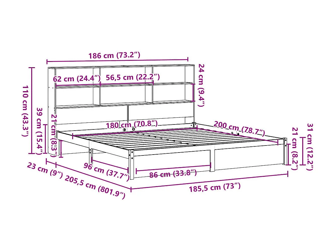 Massivholzbett mit Regal ohne Matratze 180x200 cm Kiefer