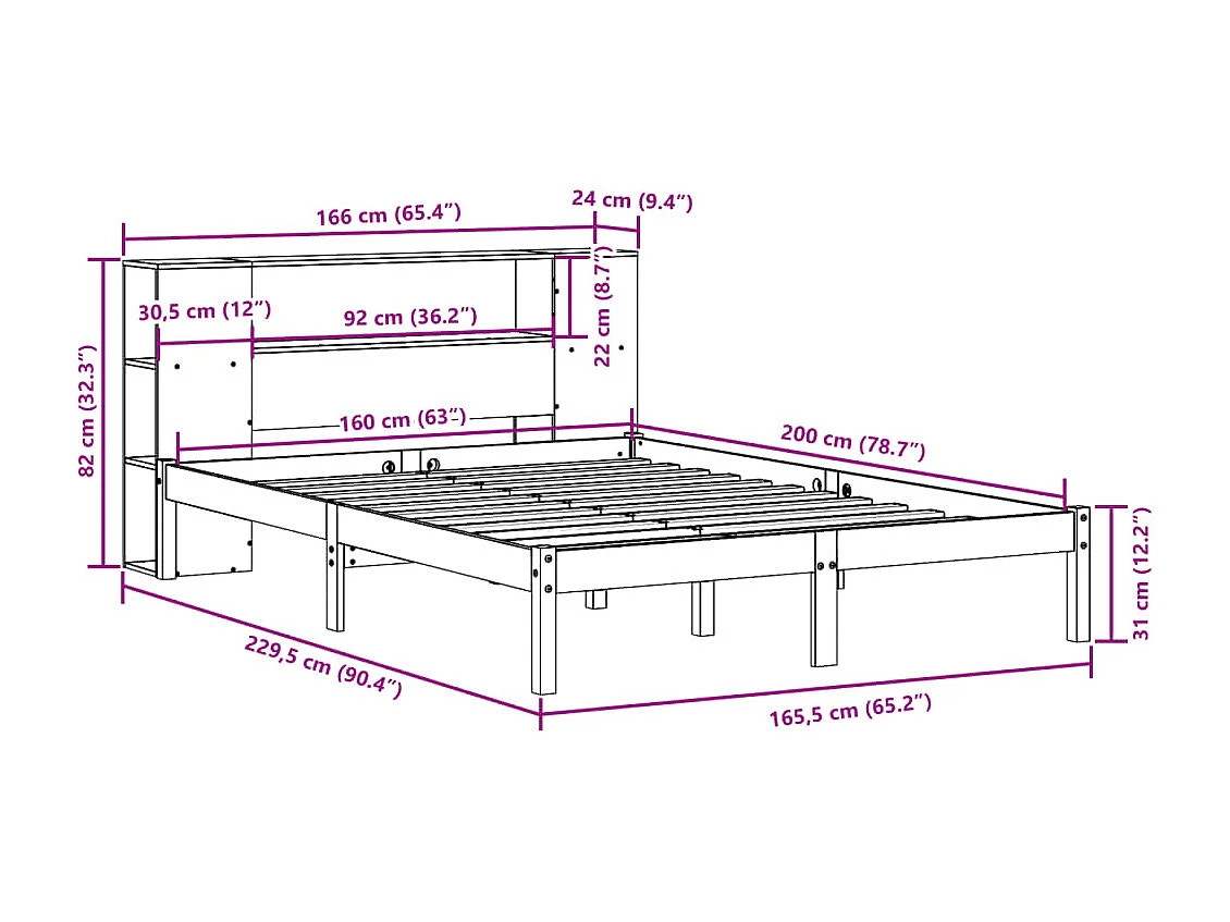 Lit bibliothèque sans matelas cire marron 160x200 cm pin massif
