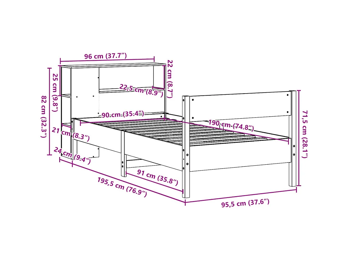 Lit bibliothèque sans matelas 90x190 cm bois de pin massif