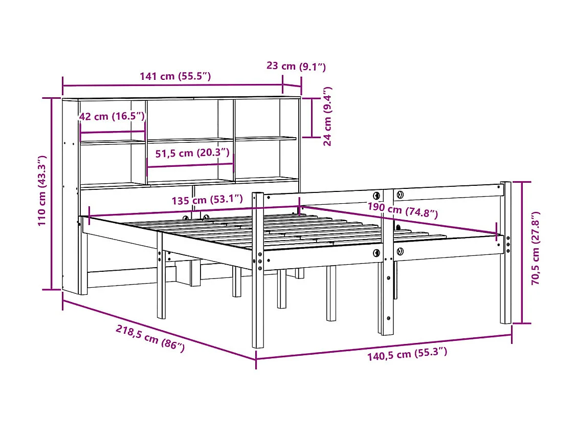 Lit bibliothèque sans matelas cire marron 135x190cm bois massif