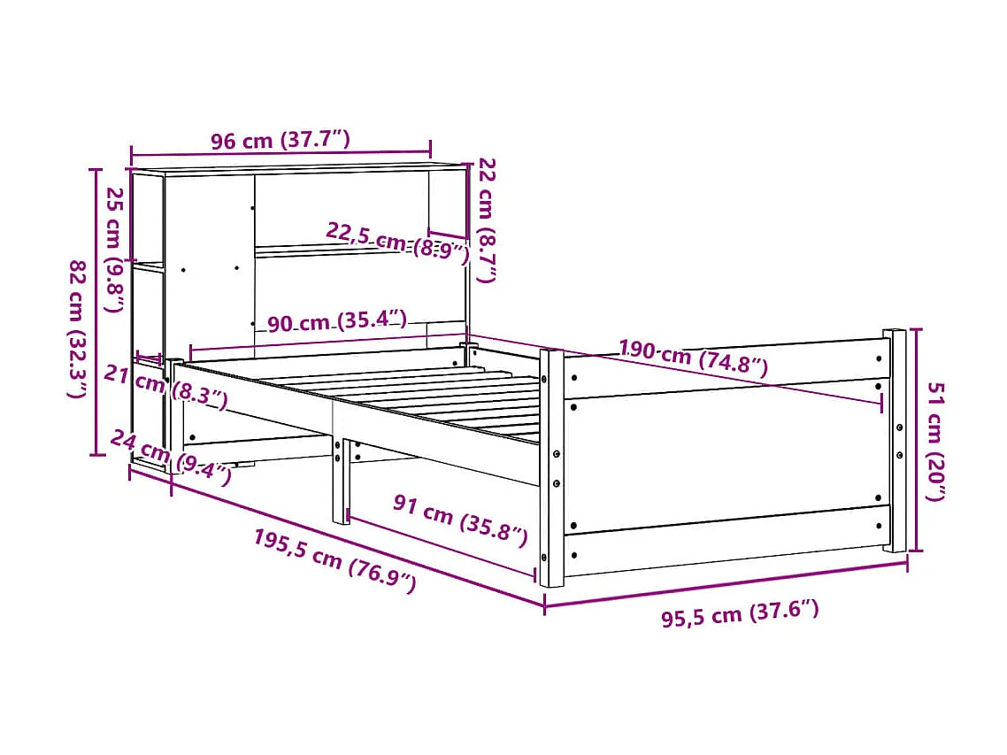 Massivholzbett mit Regal ohne Matratze 90x190 cm Kiefer