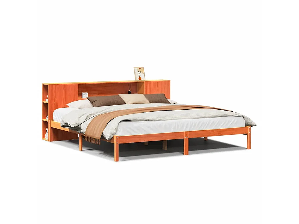 Lit bibliothèque sans matelas cire marron 200x200 cm pin massif