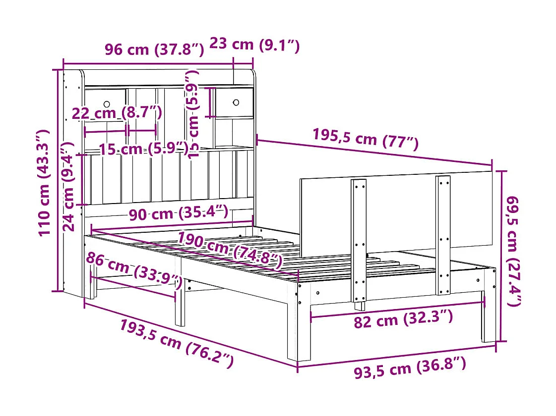 Cama con estantería sin colchón madera maciza de pino 90x190 cm