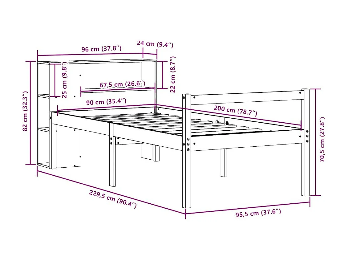 Lit bibliothèque sans matelas 90x200 cm bois de pin massif