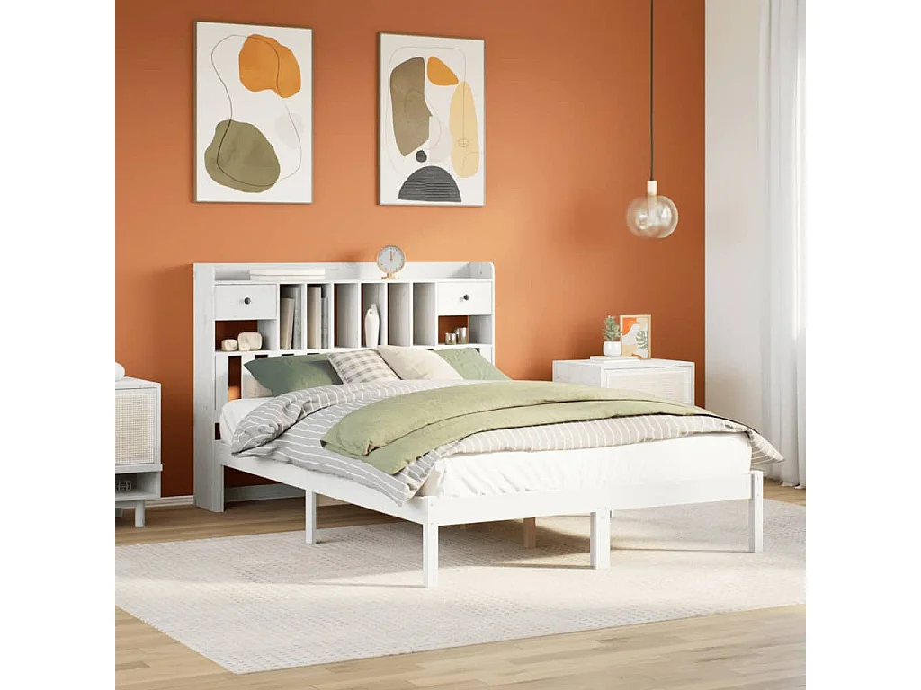 Lit bibliothèque sans matelas blanc 140x200 cm bois pin massif