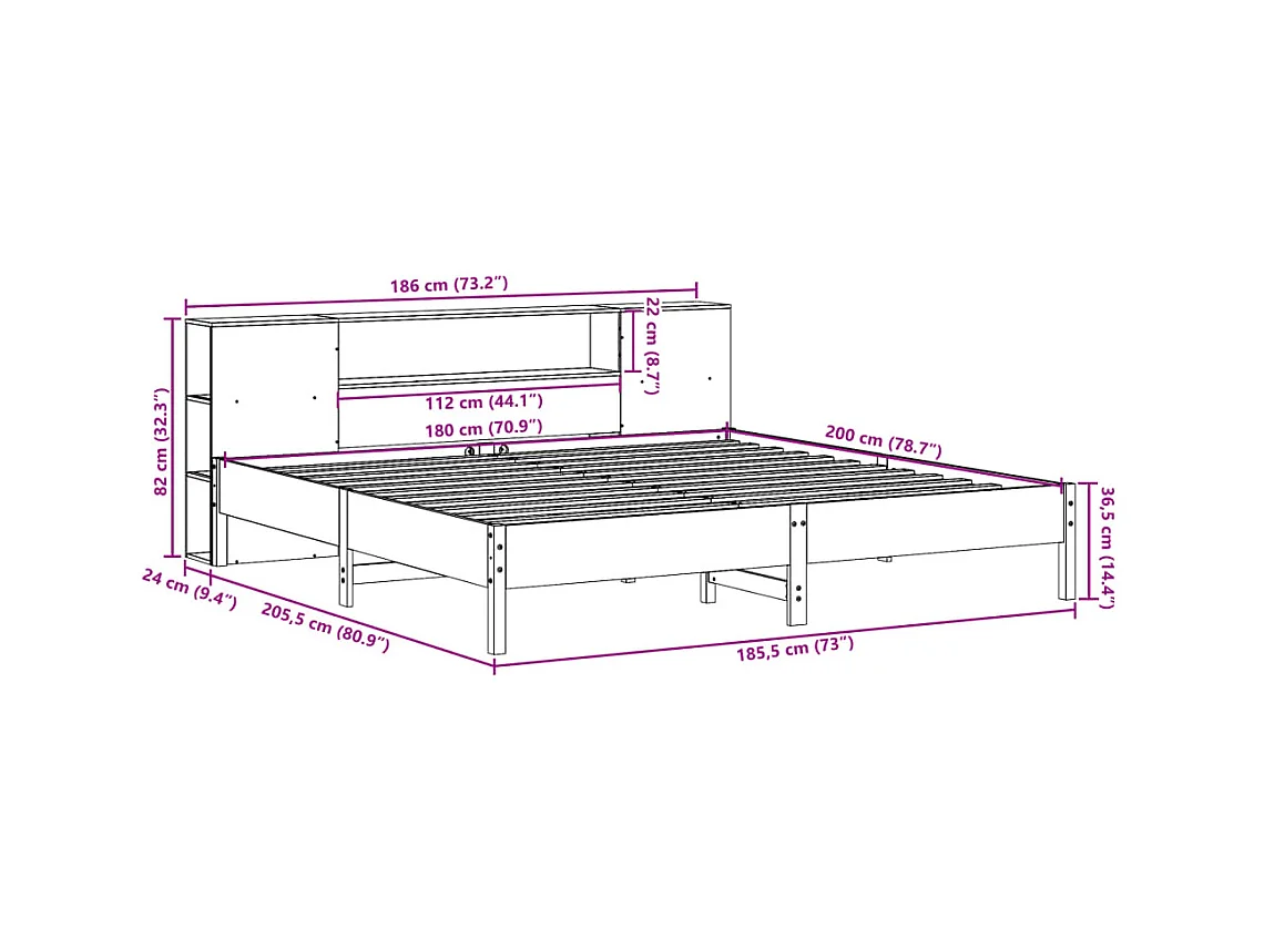 Lit bibliothèque sans matelas blanc 180x200 cm bois pin massif