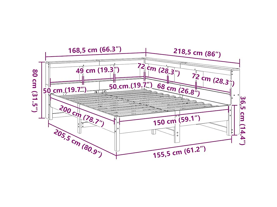 Lit bibliothèque sans matelas cire marron 150x200 cm pin massif