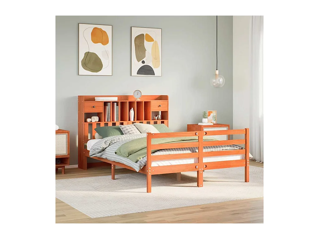 Lit bibliothèque sans matelas cire marron 140x190 cm pin massif