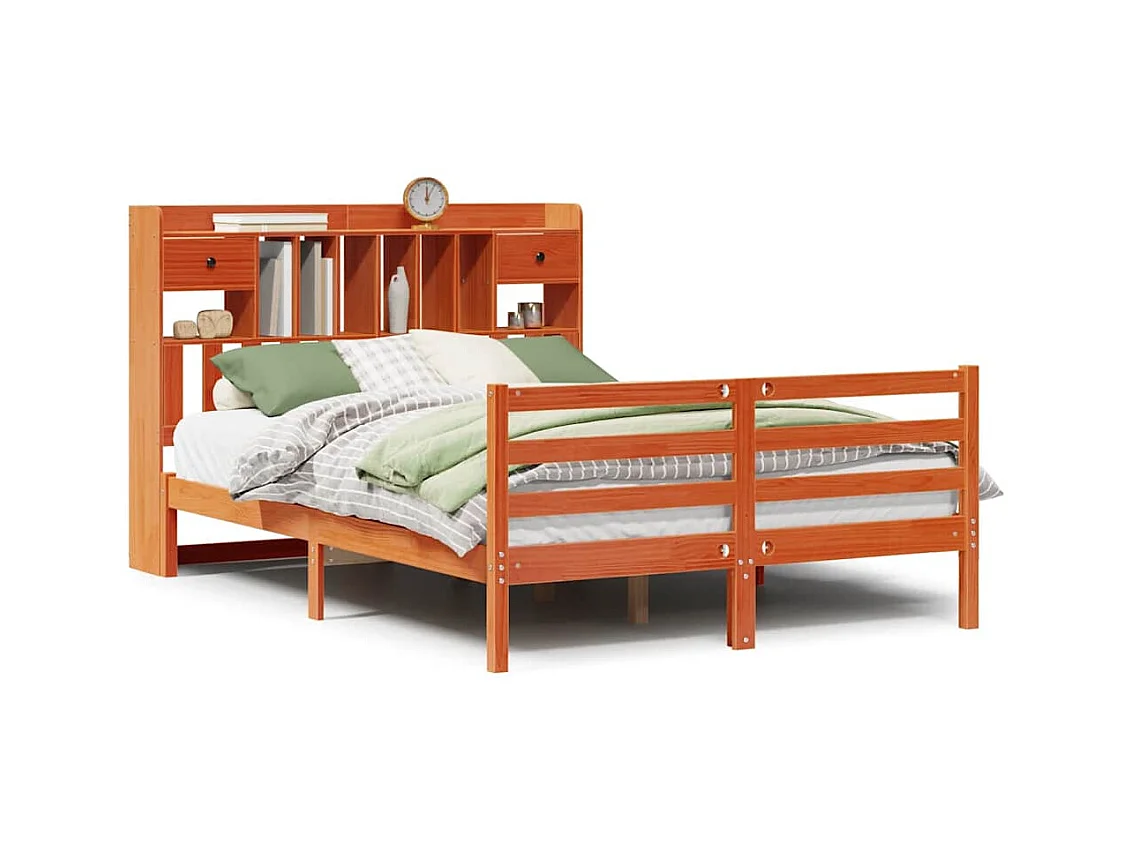 Massivholzbett mit Regal ohne Matratze Wachsbraun 140x190 cm