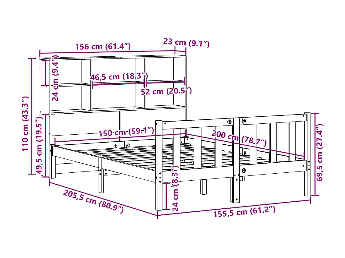 Lit bibliothèque sans matelas cire marron 150x200 cm pin massif