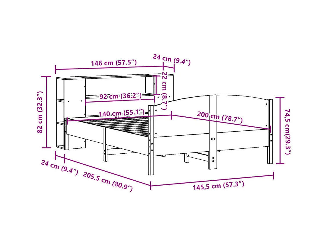 Lit bibliothèque sans matelas blanc 140x200 cm bois pin massif