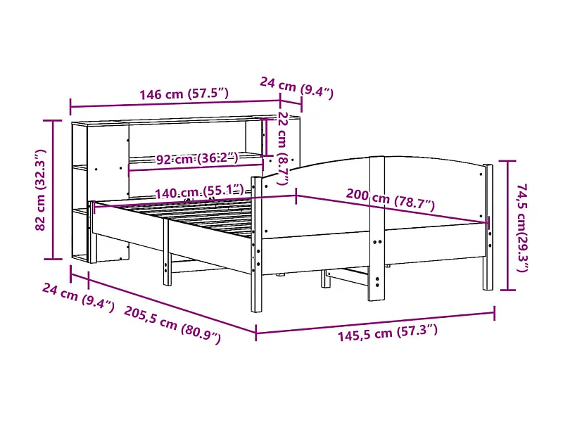 Lit bibliothèque sans matelas blanc 140x200 cm bois pin massif