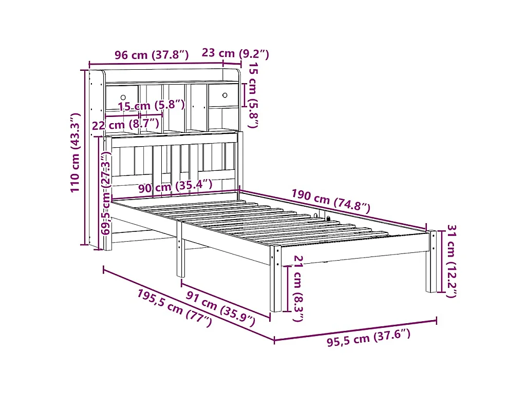 Lit bibliothèque sans matelas 90x190 cm bois de pin massif
