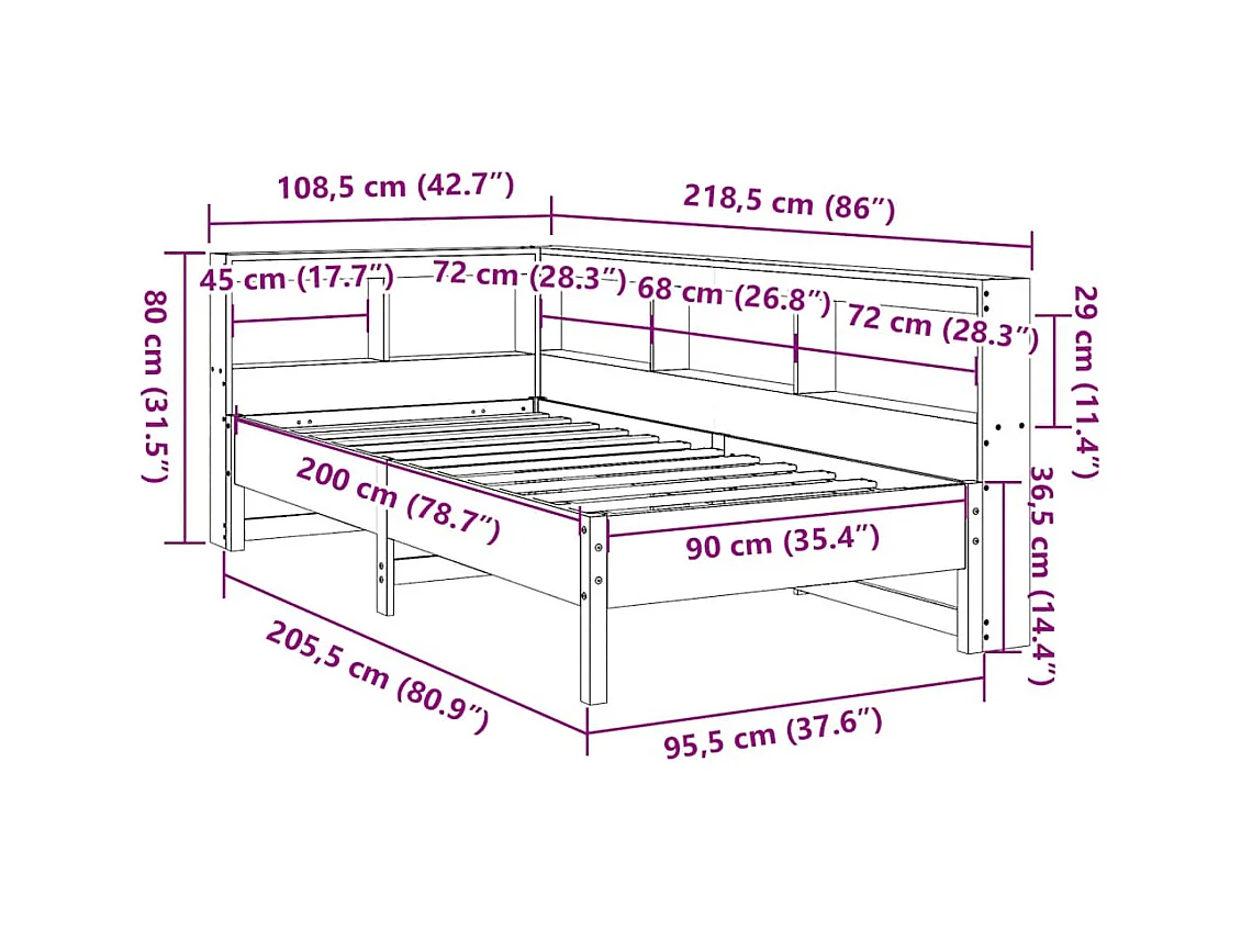 Massivholzbett mit Regal ohne Matratze Weiß 90x200 cm Kiefer