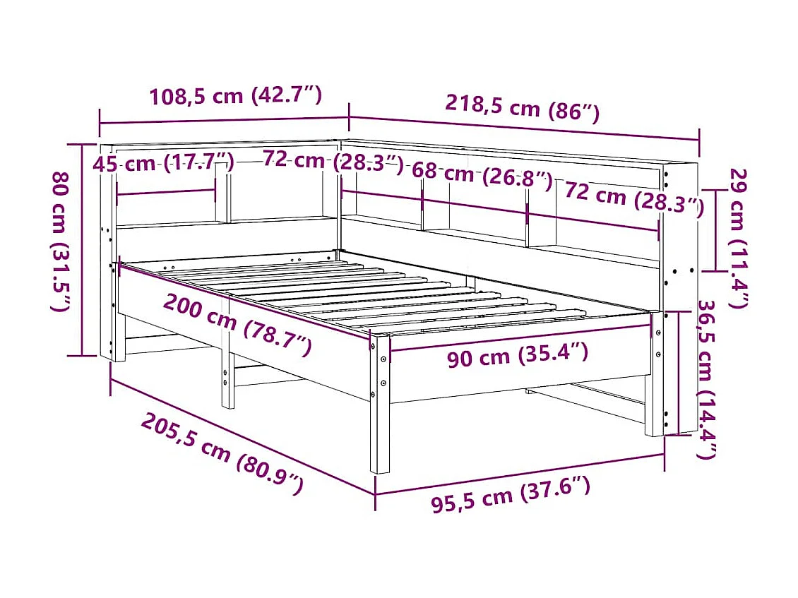 Lit bibliothèque sans matelas blanc 90x200cm bois de pin massif