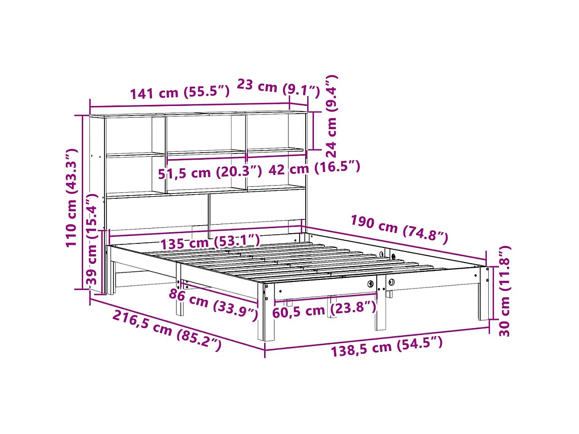 Cama com estante sem colchão 135x190 cm pinho maciço