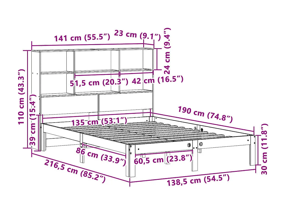 Cama com estante sem colchão 135x190 cm pinho maciço