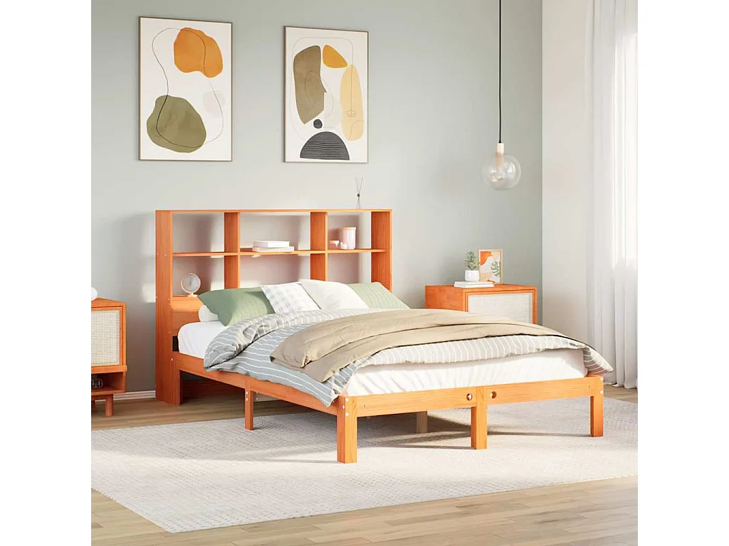 Lit bibliothèque sans matelas cire marron 135x190 cm pin massif
