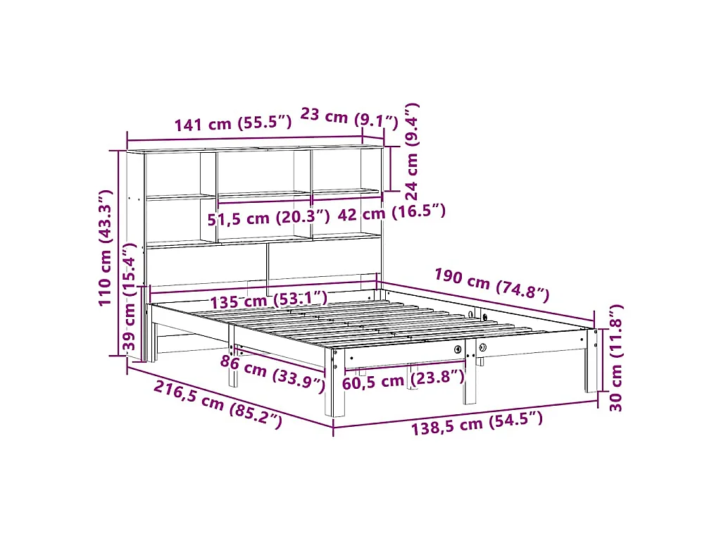 Lit bibliothèque sans matelas cire marron 135x190 cm pin massif