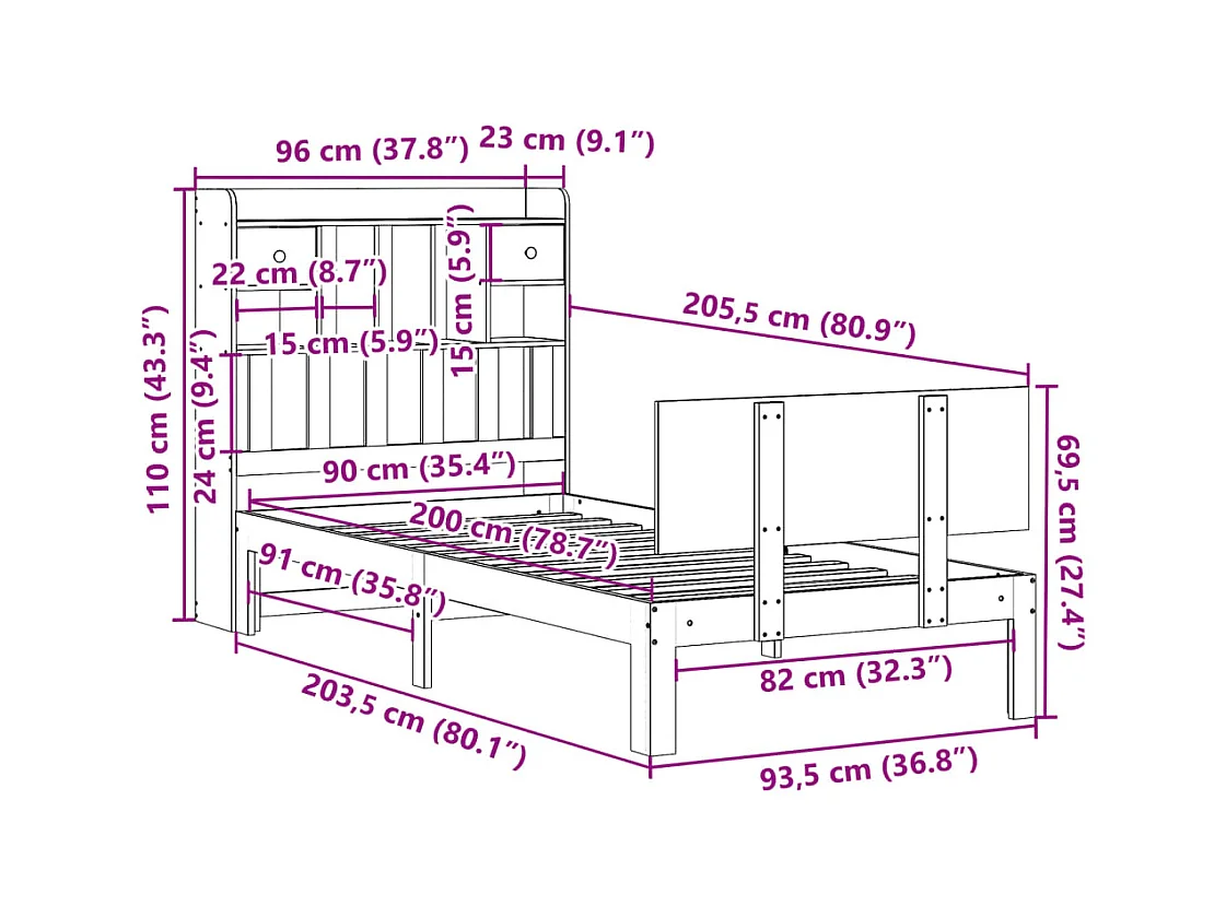Lit bibliothèque sans matelas 90x200 cm bois de pin massif