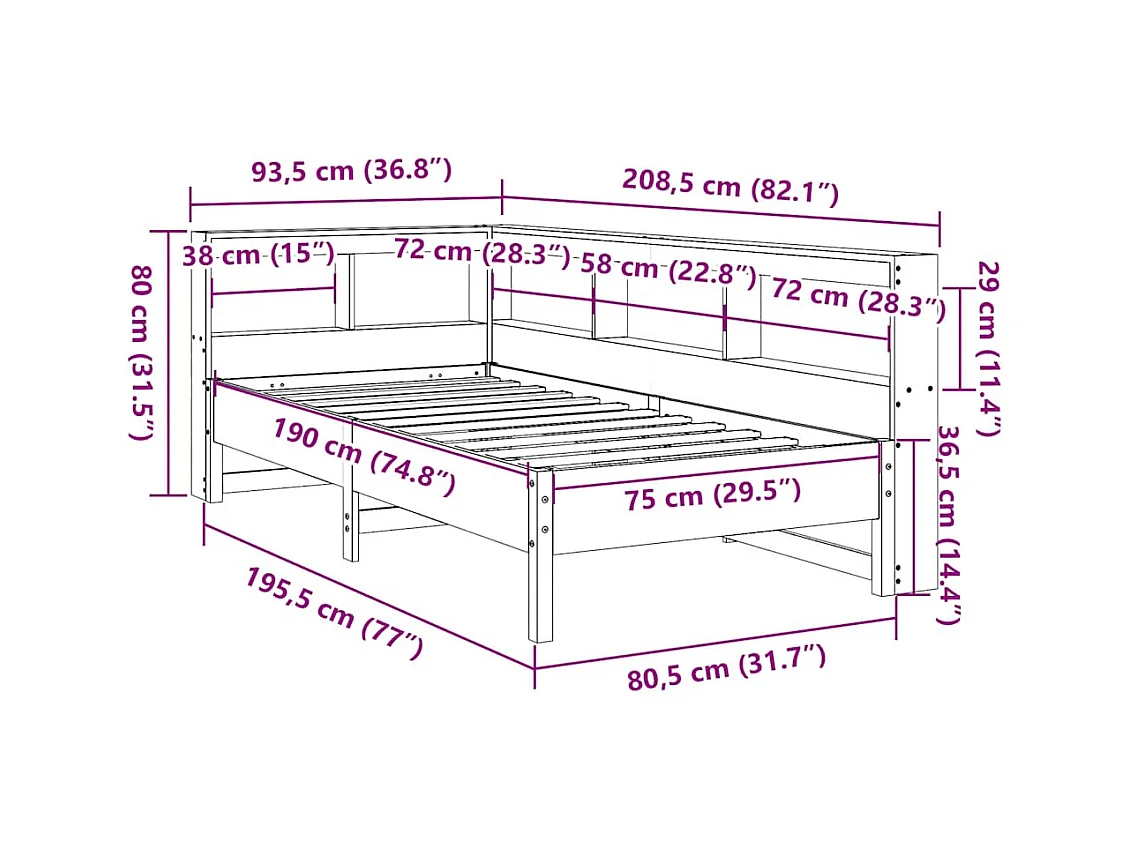Lit bibliothèque sans matelas cire marron 75x190 cm pin massif