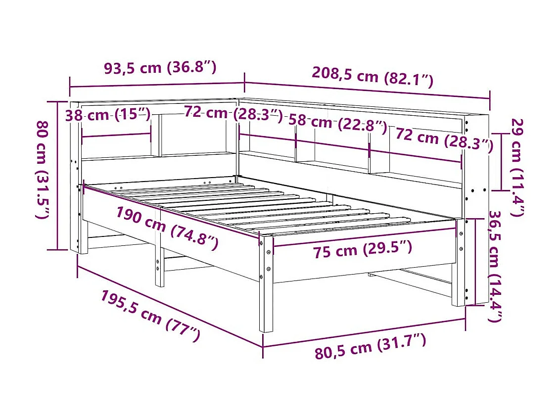 Massivholzbett mit Regal ohne Matratze Wachsbraun 75x190 cm
