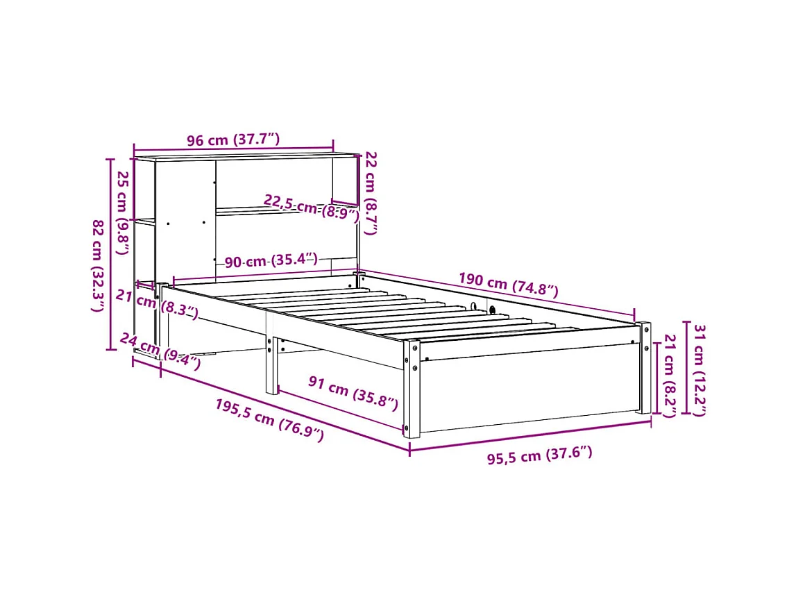 Lit bibliothèque sans matelas 90x190 cm bois de pin massif