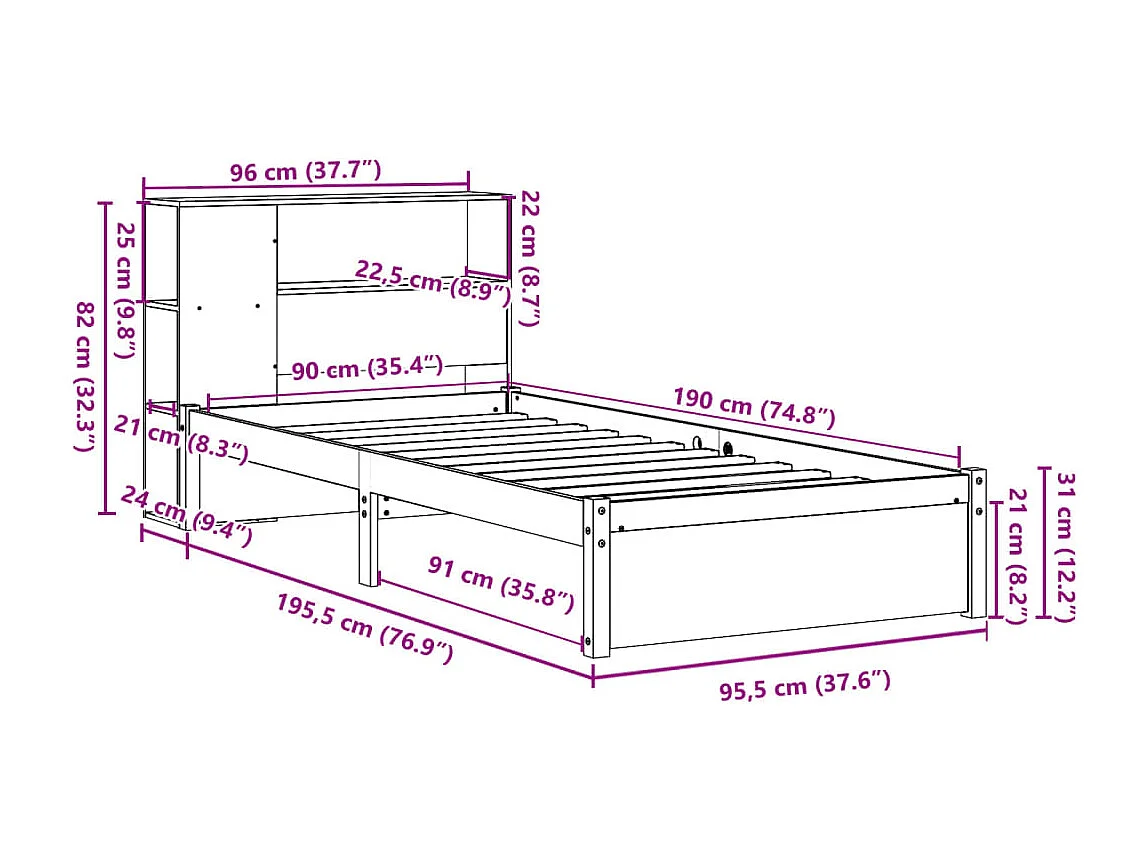 Lit bibliothèque sans matelas 90x190 cm bois de pin massif
