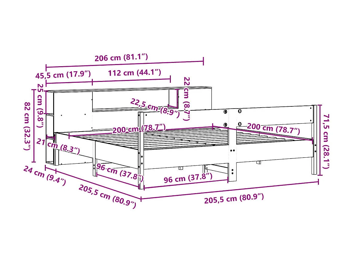 Letto Libreria senza Materasso Marrone Cera 200x200 cm in Pino