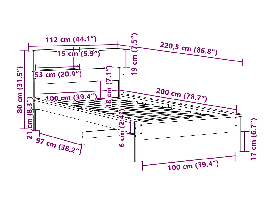 Massivholzbett mit Regal ohne Matratze Wachsbraun 100x200 cm