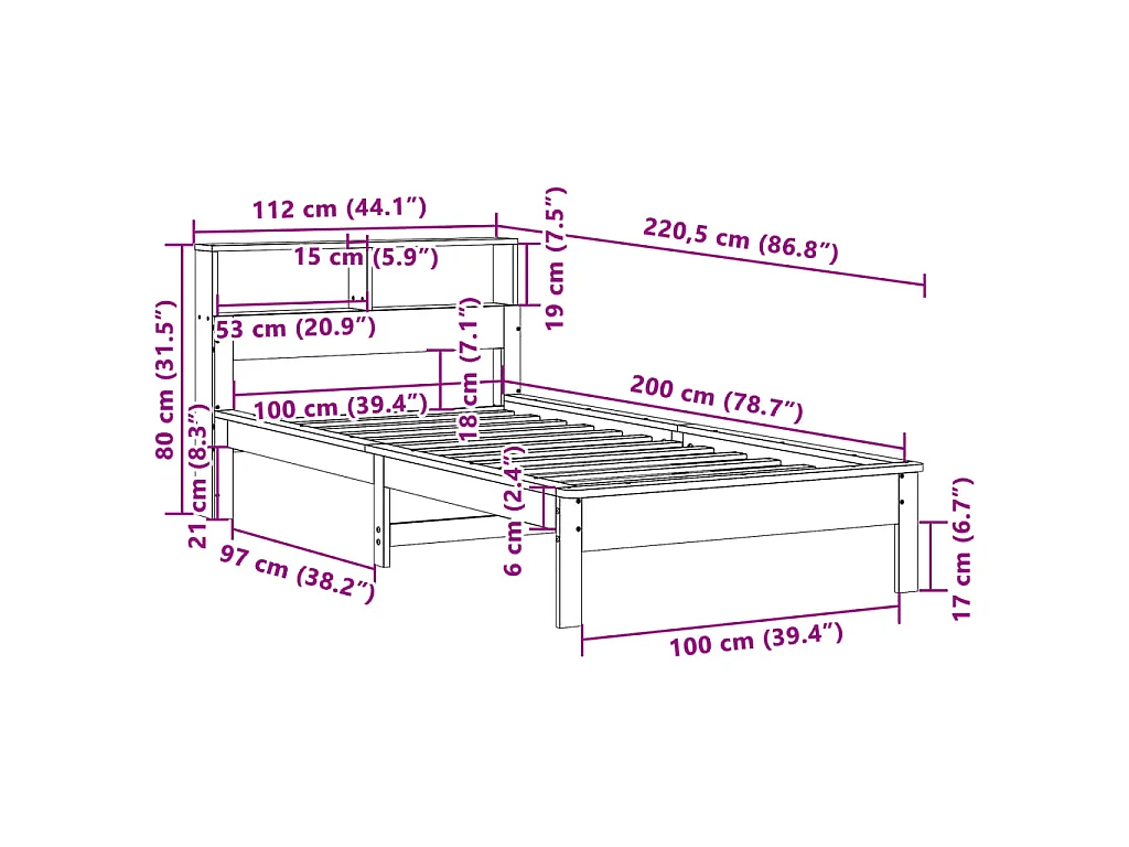 Lit bibliothèque sans matelas cire marron 100x200 cm pin massif