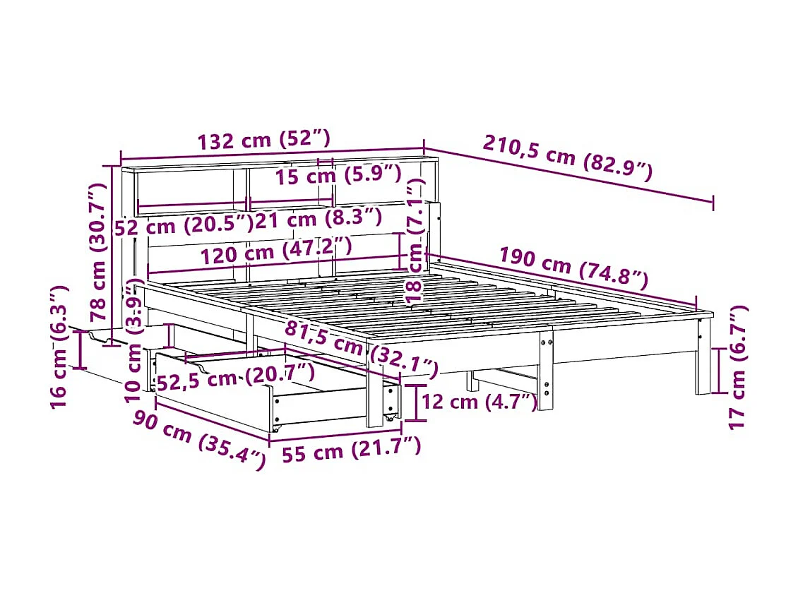 Lit bibliothèque sans matelas 120x190 cm bois de pin massif