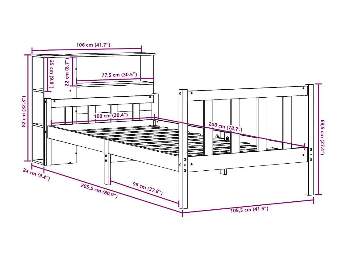 Massivholzbett mit Regal ohne Matratze 100x200 cm Kiefer