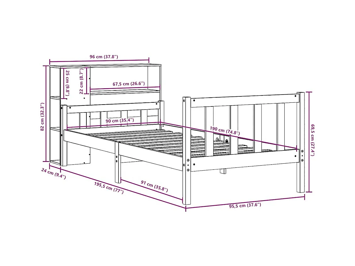 Lit bibliothèque sans matelas 90x190 cm bois de pin massif