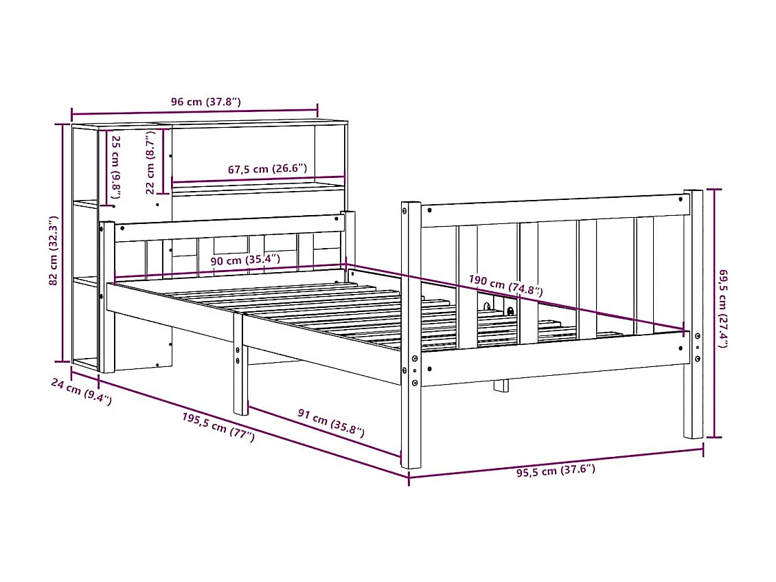Lit bibliothèque sans matelas 90x190 cm bois de pin massif